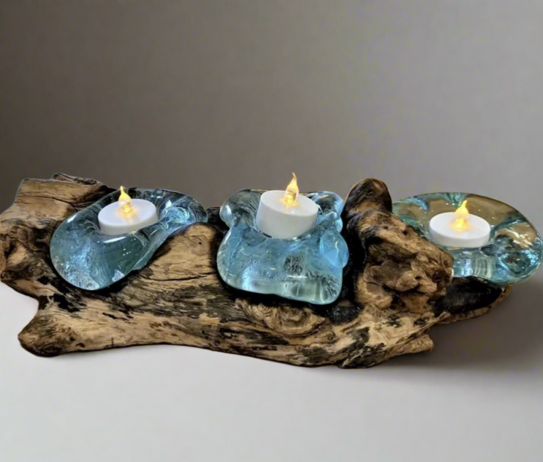 Recycled Molten Glass Triple Tea-light on Balinese Gamal Wood