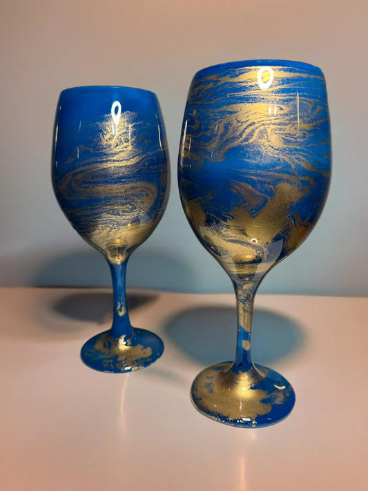 Blue and Gold Swirl Wine Glass-Handmade