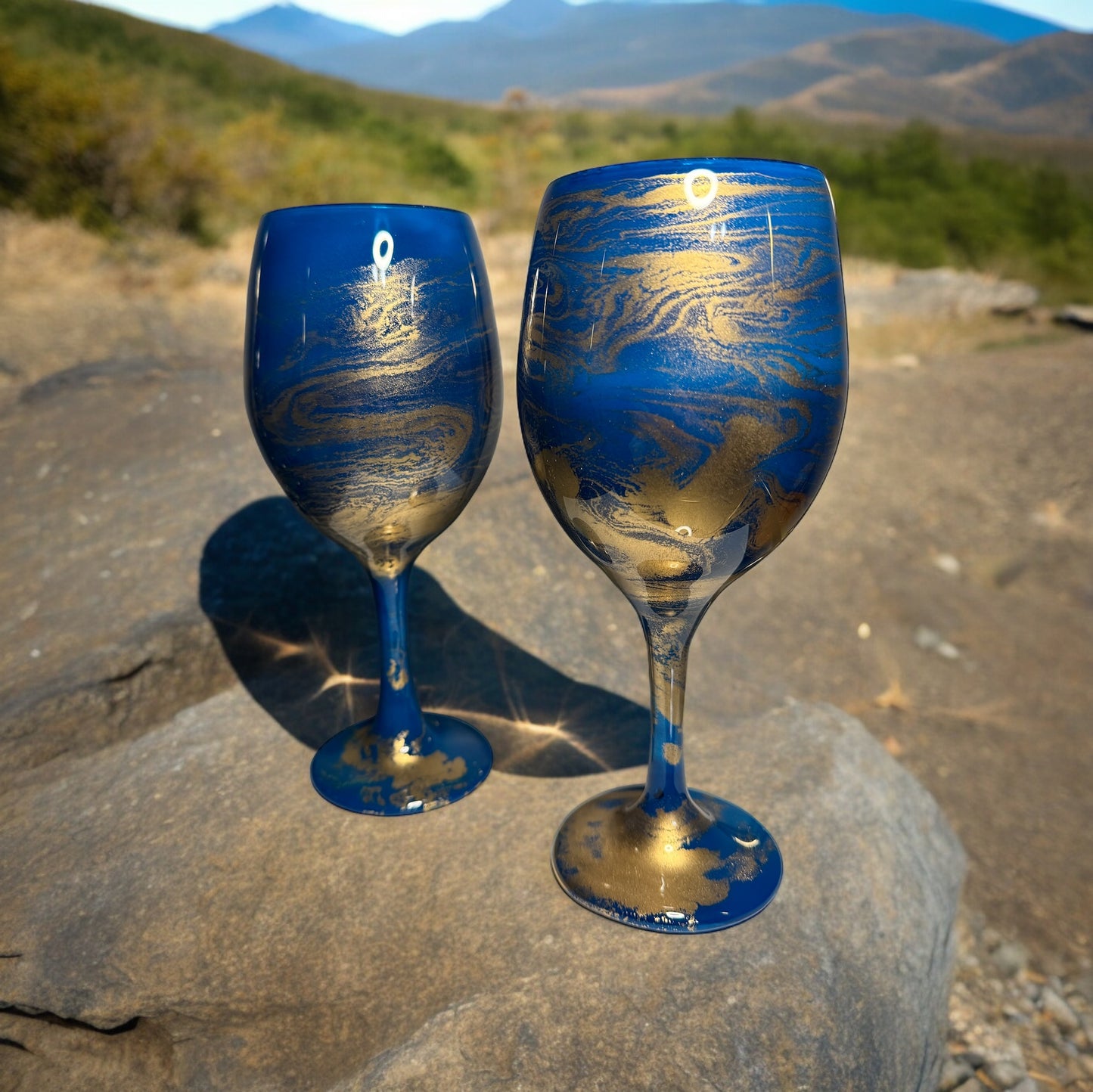 Blue and Gold Swirl Wine Glass-Handmade