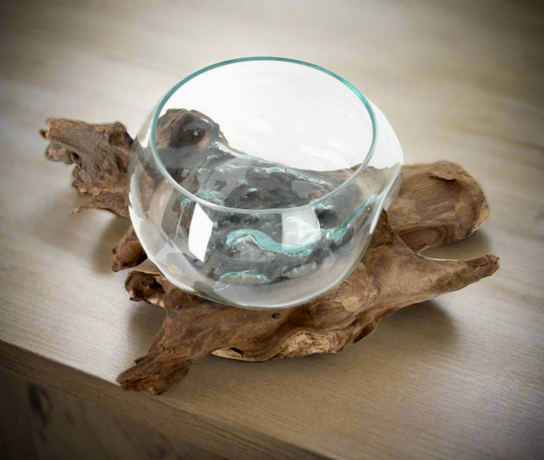 Recycled Molten Glass Bowl on Balinese Gamal Wood