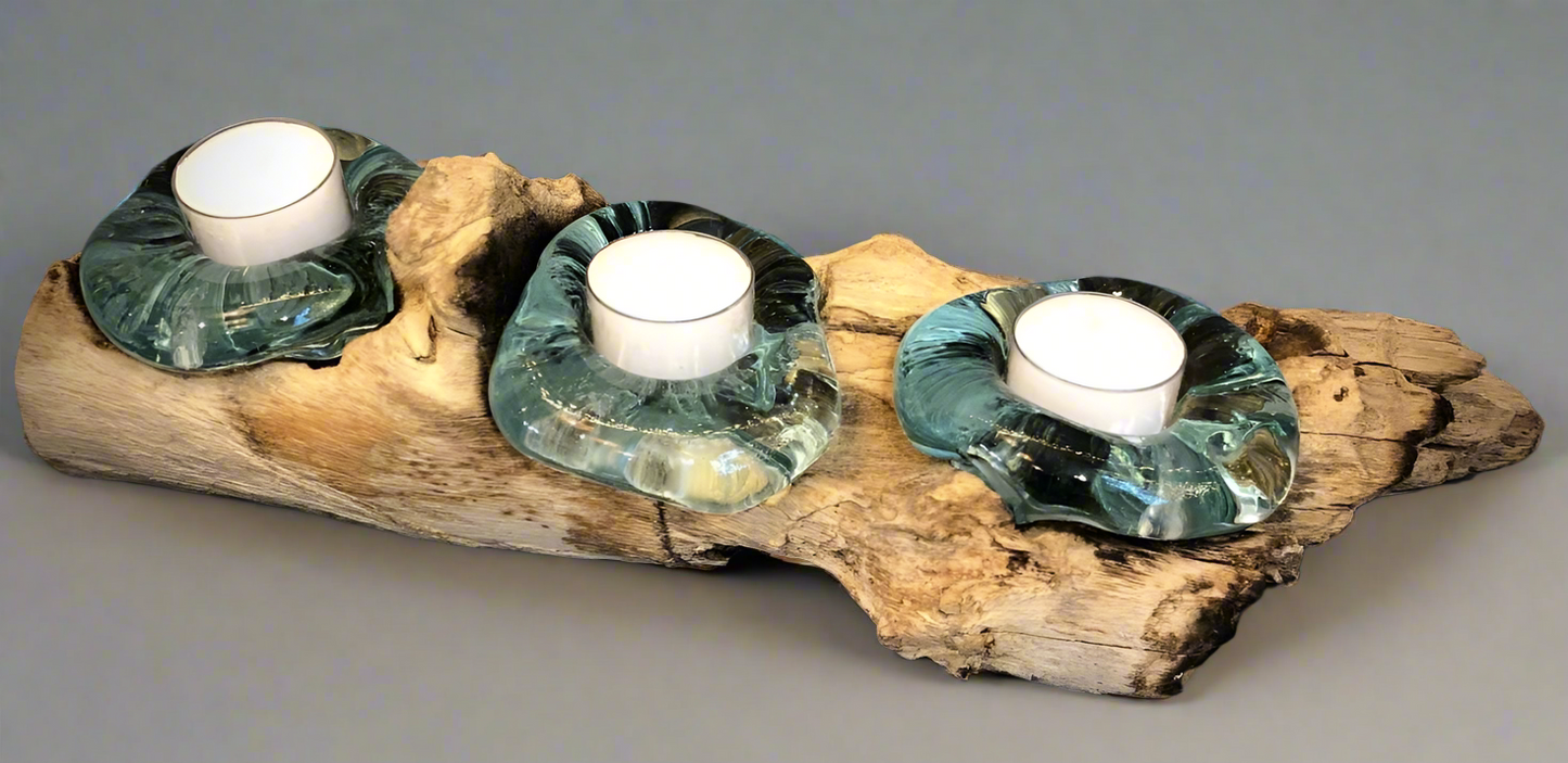 Recycled Molten Glass Triple Tea-light on Balinese Gamal Wood