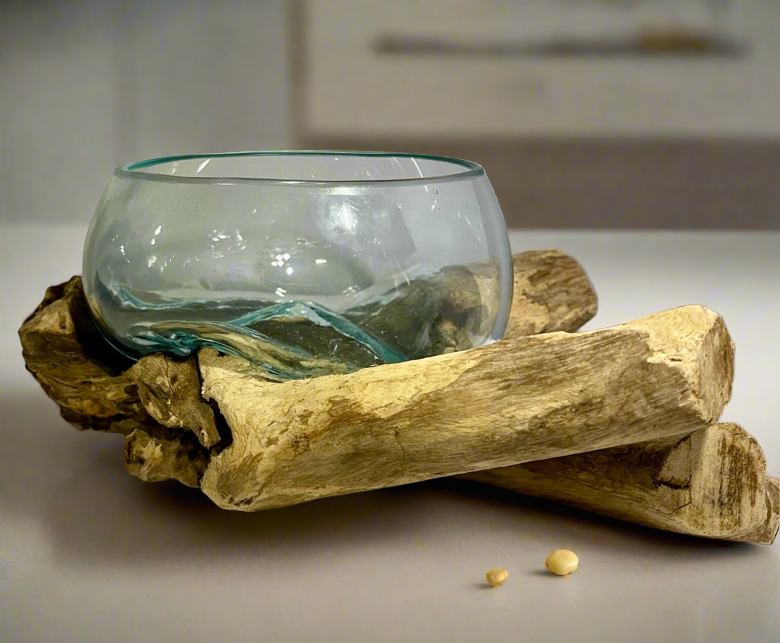 Recycled Molten Glass Bowl on Balinese Gamal Wood