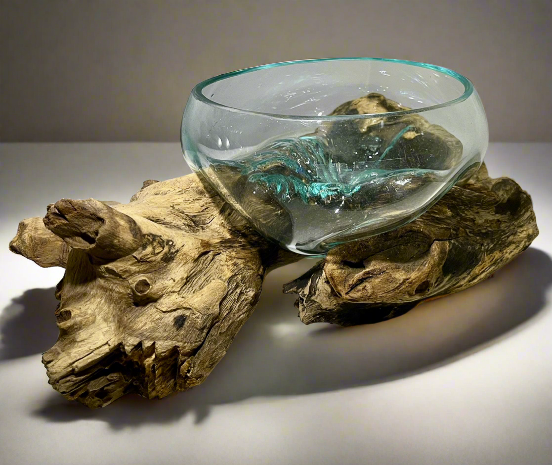 Recycled Molten Glass Bowl on Balinese Gamal Wood