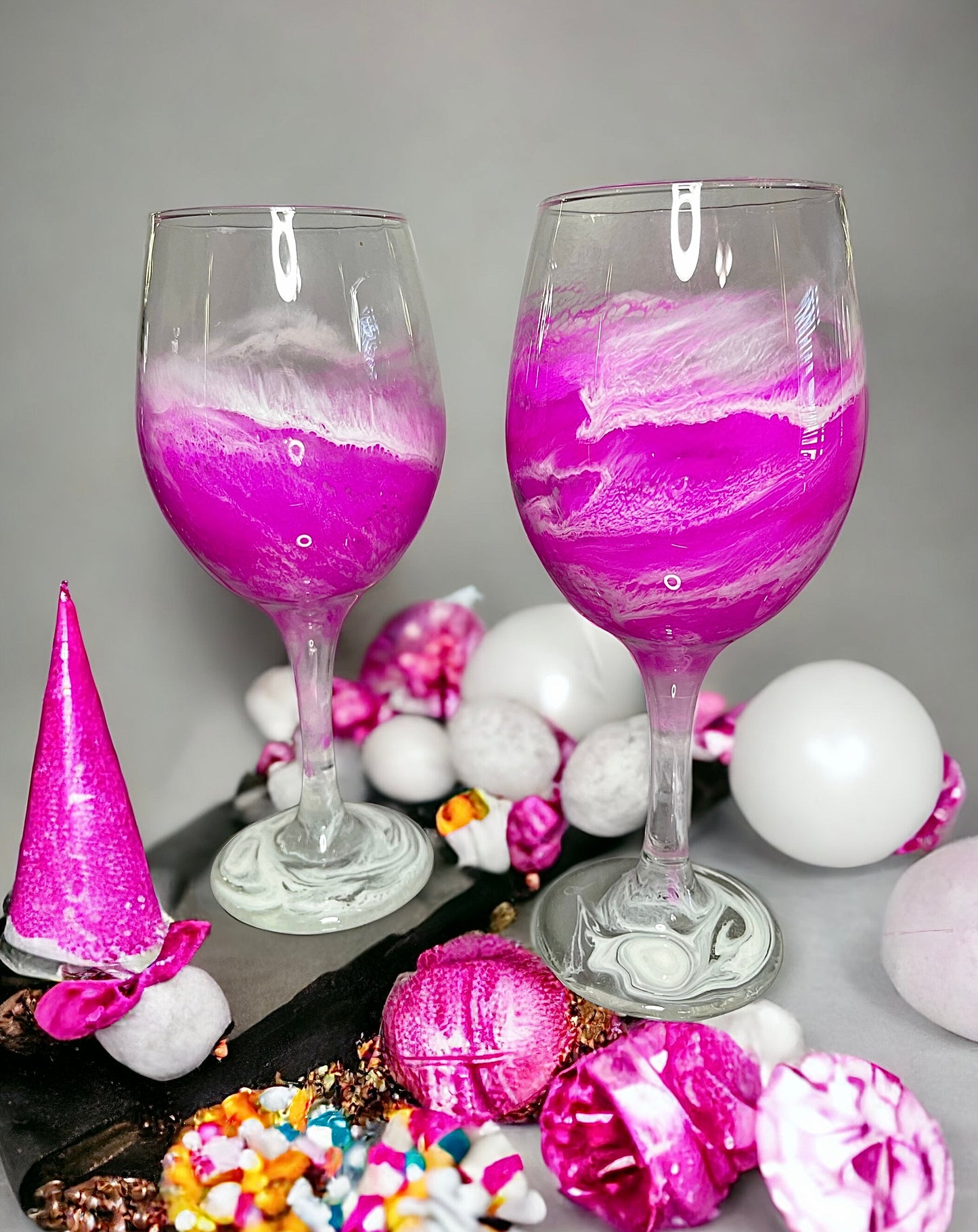 Hot Pink and White Wine Glasses and Drinkware-Handmade