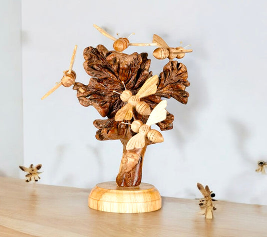 Hand carved Wooden Bee And Mushroom Sculpture