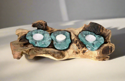 Recycled Molten Glass Triple Tea-light on Balinese Gamal Wood