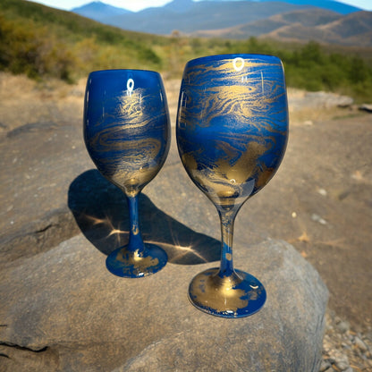 Blue and Gold Swirl Wine Glass-Handmade